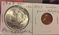 1923 US silver peace dollar & Lincoln penny