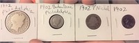 1902 Barber US half dollar, dime, v nickel, penny