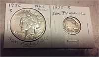 1935-S US Silver Peace Dollar + buffalo nickel