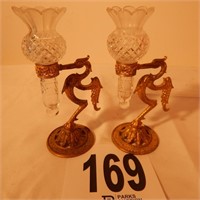 PAIR GLASS AND BRASS CRANE BUD VASES 7 IN
