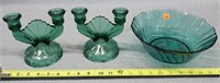 Green Glassware Bowl & Candle Holders