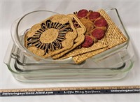 Glass Dishes & Wicker Holders-PYREX x3/ANCHOR x2