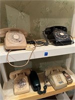 5 Vintage Phones, Clock Radio GE, Etc