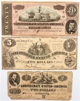 Coin 3 Genuine Confederate Notes $2, $5 & $20