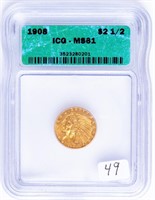 Coin 1908 United States $2.50 Gold - ICG MS61