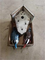 PAIR OF HAND CARVED DUCKS & EARLY BIRDHOUSE