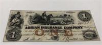 Rare Michigan Adrian Insurance Company Dollar Note