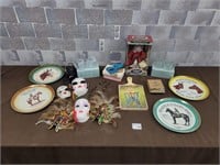 Vintage porcelain masks, wall plates, doll, etc