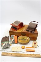 ASSORTED SMOKING COLLECTIBLES IN WOOD BOX