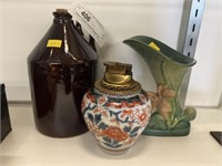 Repaired Roseville Vase with Stoneware Jug
