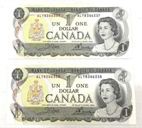 Sequential 1973 Canadian $1 bills.