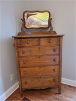 Vintage Oak Tall Chest of Drawers with Mirror