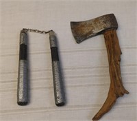 NUMB CHUCKS AND AXE WITH HOMEMADE HANDLE