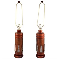 Mid-Century Modern Walnut & Copper Table Lamps, 2