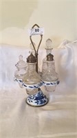 Condiment Set 5 Bottle On Blue & White China Stand