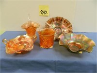 (5) Carnival Glass Pieces - Marigold Basket Weave-