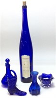 COBALT BLUE GLASS WINE BOTTLE, VASE, CANDLE