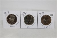 (3) Kennedy Half Dollars 1992 P,D BU and S Proof