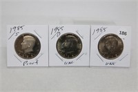 (3) Kennedy Half Dollars 1985 P,D BU and S Proof
