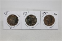 (3) Kennedy Half Dollars 1987 P,D BU and S Proof