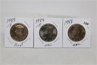 (3) Kennedy Half Dollars 1988 P,D BU and S Proof