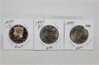 (3) Kennedy Half Dollars 1994 P,D BU and S Proof