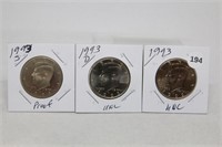 (3) Kennedy Half Dollars 1993 P,D BU and S Proof