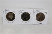 (3) Kennedy Half Dollars 1990 P,D BU and S Proof