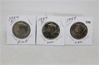 (3) Kennedy Half Dollars 1989 P,D BU and S Proof