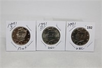 (3) Kennedy Half Dollars 1991 P,D BU and S Proof