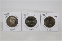 (3) Kennedy Half Dollars 1995 P,D BU and S Proof