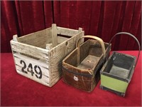 2 Vintage Baskets & Wood Crate