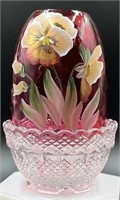Fenton Hp Pansies On Cranberry Fairy Lamp By V