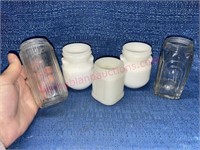 (5) Vtg glass jars (1 Hoosier cabinet style)