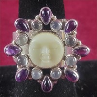 .925 Silver Sajen Goddess Face ring with purple