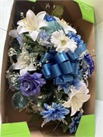 Headstone spray (blue/white flowers)