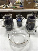 etched glass pitchers, bowl gold trimmed