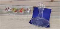 4 Hand Painted Wine Glasses & a Decanter
