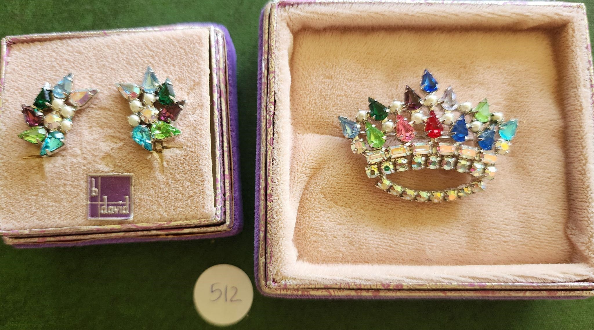 B.David Crown Pin, Earrings Rhinestones