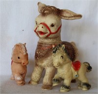 3 pcs. 1960's Sun Rubber Toys - Donkey & Ponies