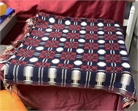 Beautiful Red/White/Navy Blue Wool Coverlet
