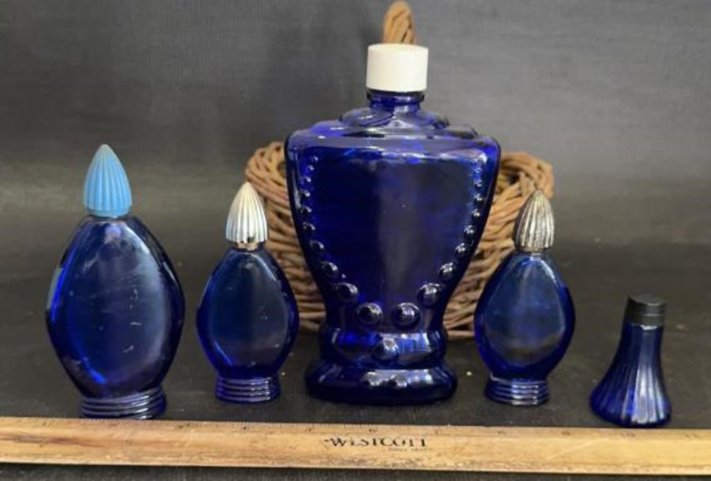 VINTAGE COBALT BLUE BOTTLES W/BASKET