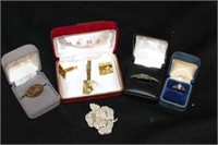 5pc Cuff Links, Sterling Rings, Costume Broach