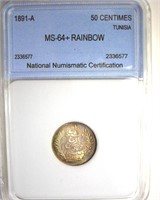 1891-A 50 Centimes NNC MS64+ Rainbow Tunsia