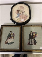 Pair of needlepoint pictures, and old stichery