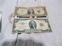 red letter 2 dollar bill, 1 dollar bill