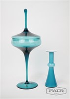 Italian Candy Dish and Blue Cased Glass Vase