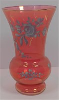 8" Bohemian Cranberry Painted Glass Vase