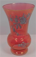 8" Bohemian Cranberry Painted Glass Vase