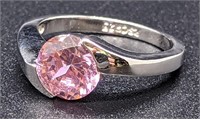 Sterling Silver Pink CZ Solitaire Ring - Size 7.25